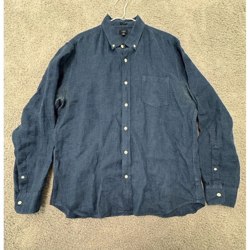 J Crew Mens XL‎ Blue Slim Fit Button Down Linen Blend Shirt Long Sleeve
